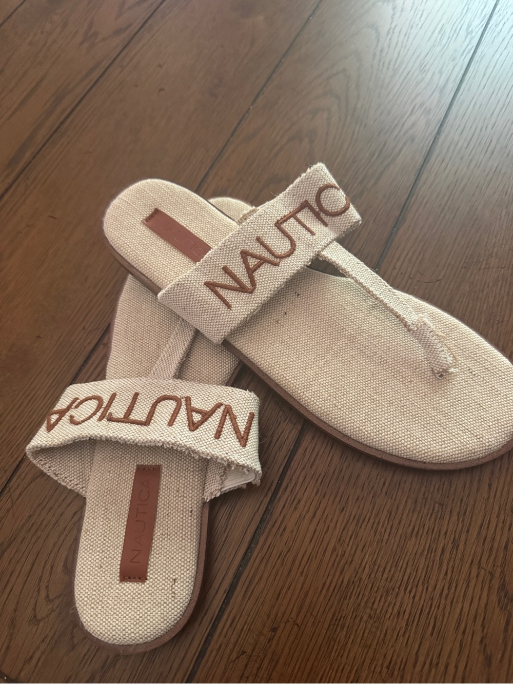 Nautica Light Beige Canvas Toe-Post Slide Sandals, flip flops, new no tags